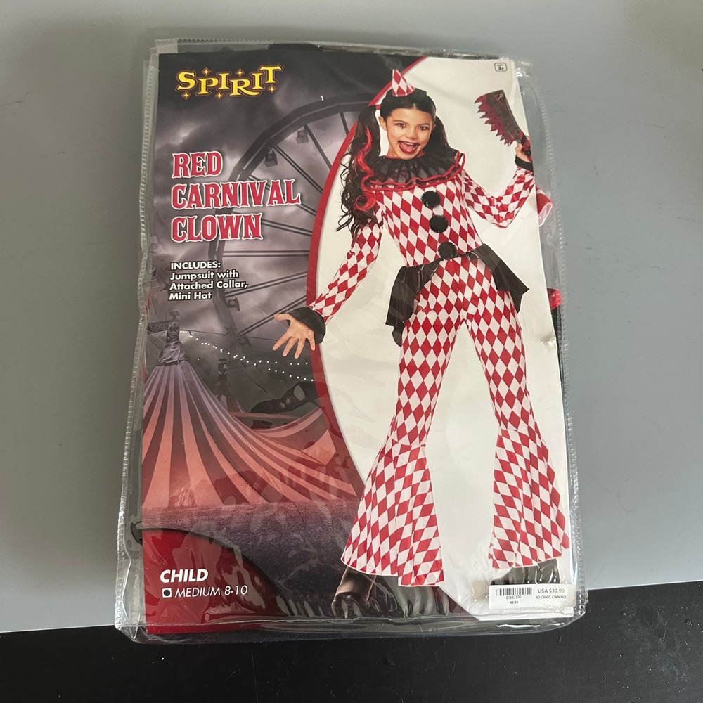 Spirit Halloween Red Carnival Clown Costume Child Medium 8-10 Jumpsuit Hat New